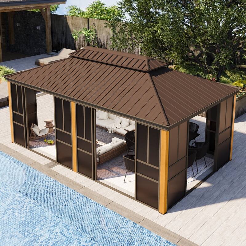 Outdoor Hardtop Sunroom Gazebo with Double Roof & Sliding Doors, All-Season Aluminum Outdoor Pergola, PE Screens&Lockable Design