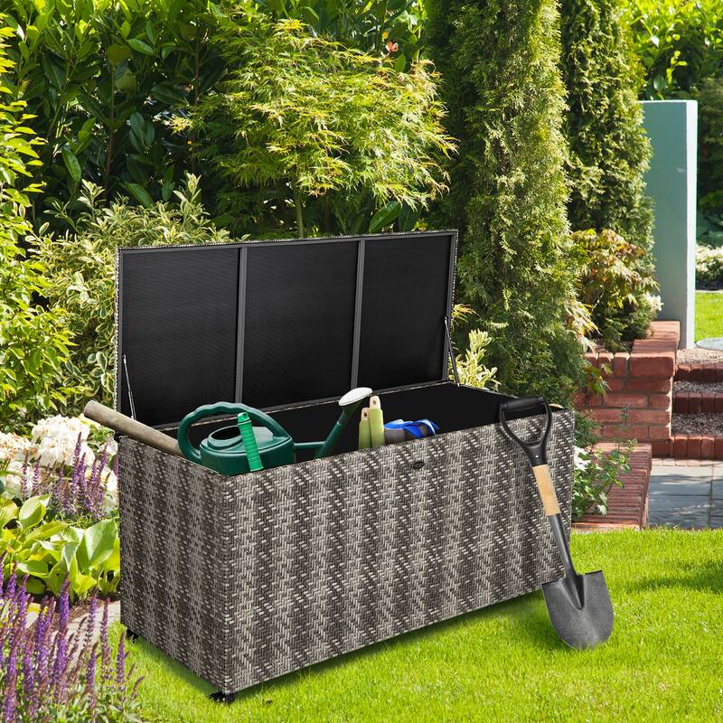 Gymax 2-in-1 PE Wicker Outdoor Storage Box Furniture Deck Box Garden