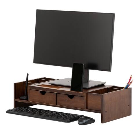 VredHom Bamboo Monitor Stand Riser with Storage Organizer and Drawers - 24.4" W x 11" D x 6.1" H