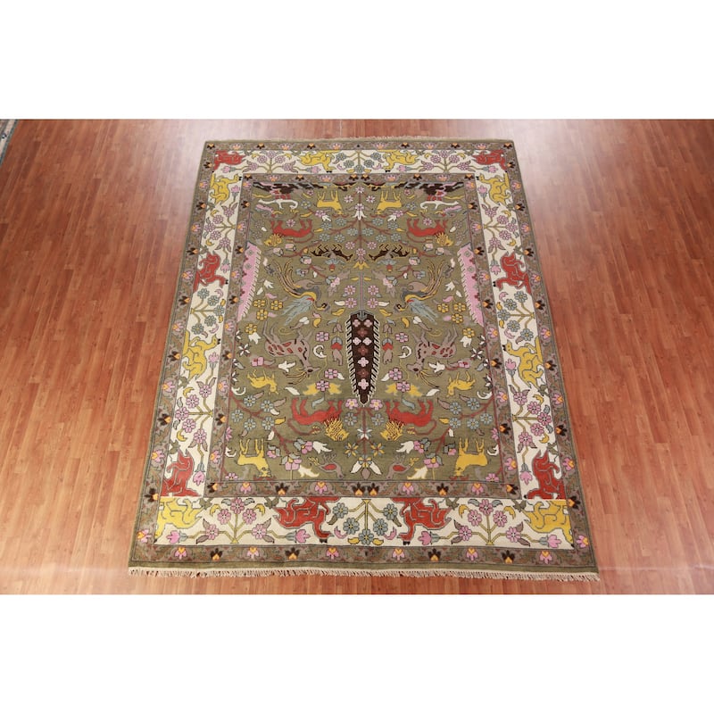 Hunting Animals Green Ziegler Indian Area Rug Handmade Wool Carpet - 9'1"x 11'11"