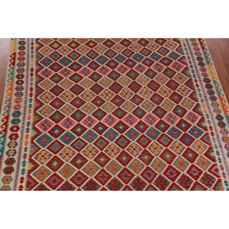 Reversible Trellis Kilim Oriental Area Rug Hand-Woven Wool Carpet - 10'3"x 13'5"