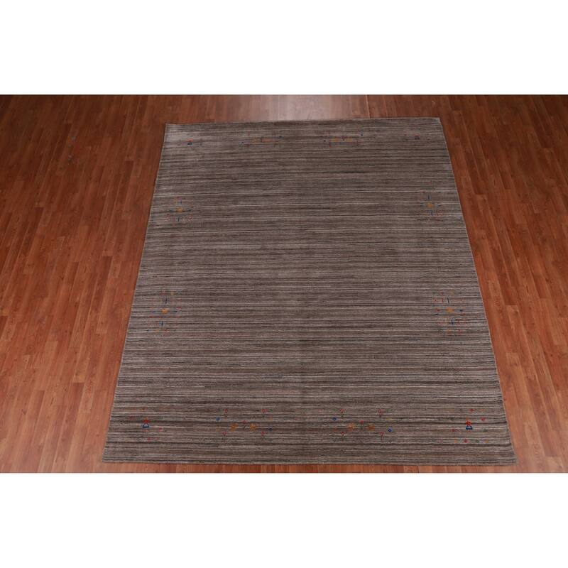 Striped Brown Gabbeh Indian Area Rug Hand-Knotted Wool Carpet - 8'1" x 9'8"