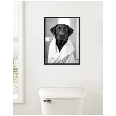 Kate and Laurel Sylvie Black Lab Bathroom Art Towel Robe Black and White Framed Canvas by The Creative Bunch Studio