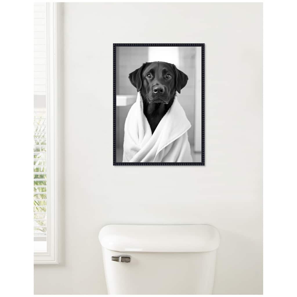 Kate and Laurel Sylvie Black Lab Bathroom Art Towel Robe Black and White Framed Canvas by The Creative Bunch Studio