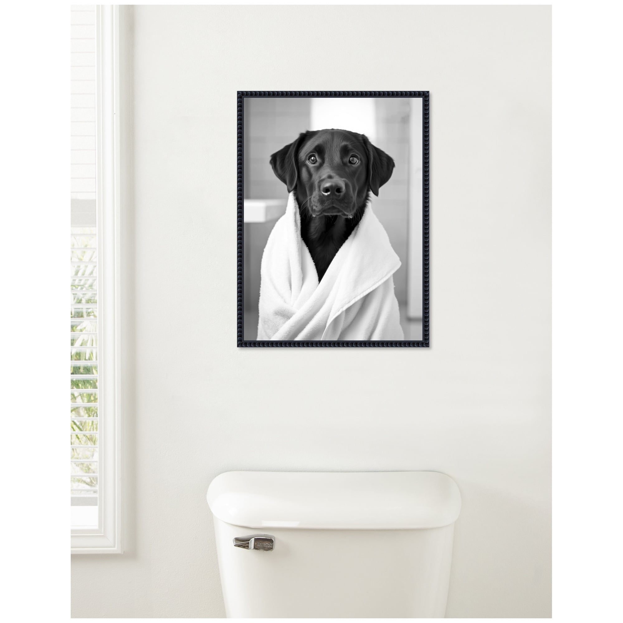 Kate and Laurel Sylvie Black Lab Bathroom Art Towel Robe Black and White Framed Canvas by The Creative Bunch Studio