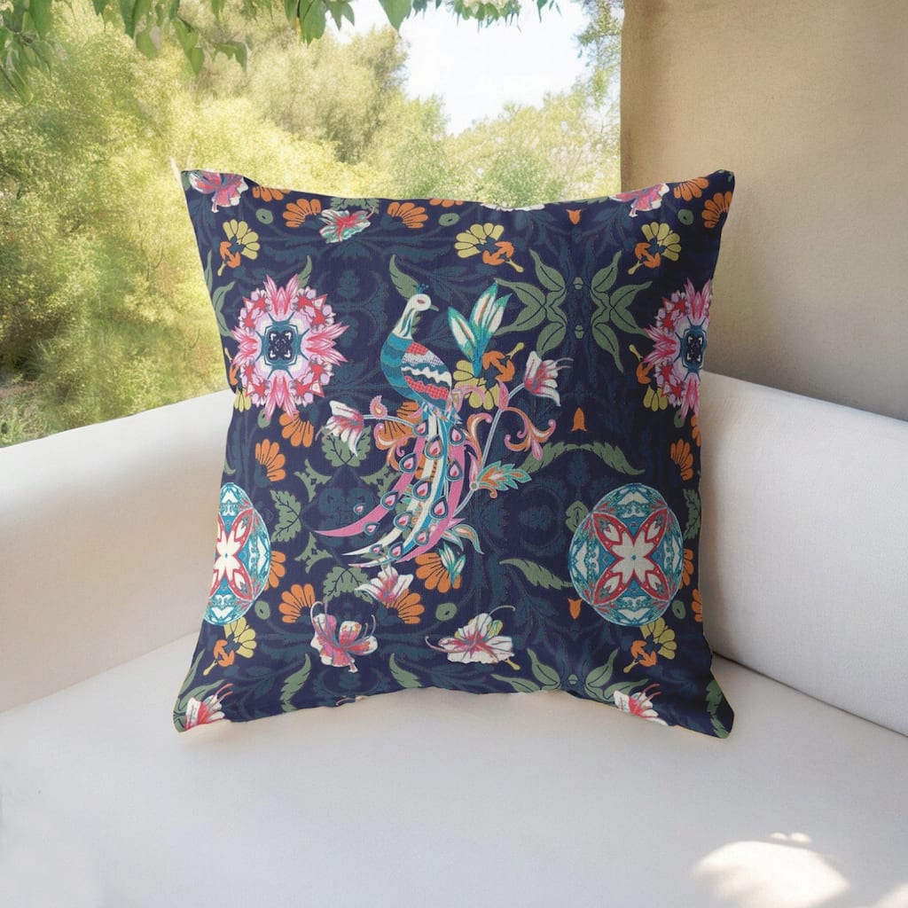 HomeRoots 16" Navy Pink Peacock Indoor Outdoor Throw Pillow