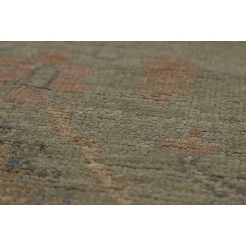 Vegetable Dye Green Oushak Turkish Runner Rug Handmade Wool Carpet - 3'2" x 12'0"