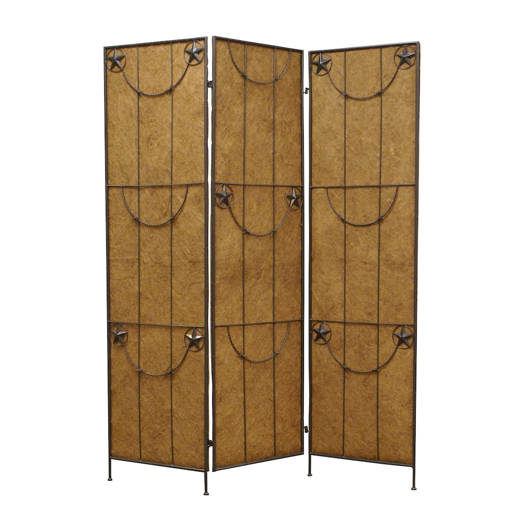 3 Panel Foldable Canvas Grill Screen with Lone Stars, Brown - 6 x 12