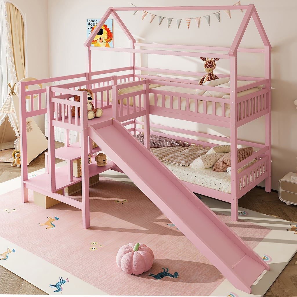 Full/Twin House-Shaped Bunk Bed with Slide & Storage Stairs, Playhouse Bed with Two Placement Methods