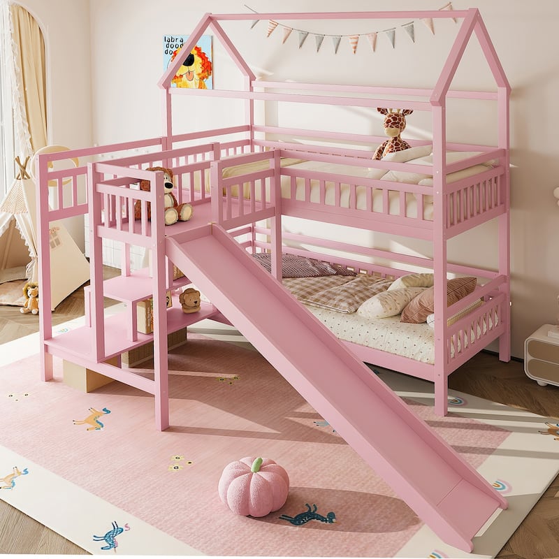 House-shaped Bunk Bed Playful Kids Bed Frame with Storage Stairs, Slide and 2 Placement Methods for Boys and Girls - Pink - Twin