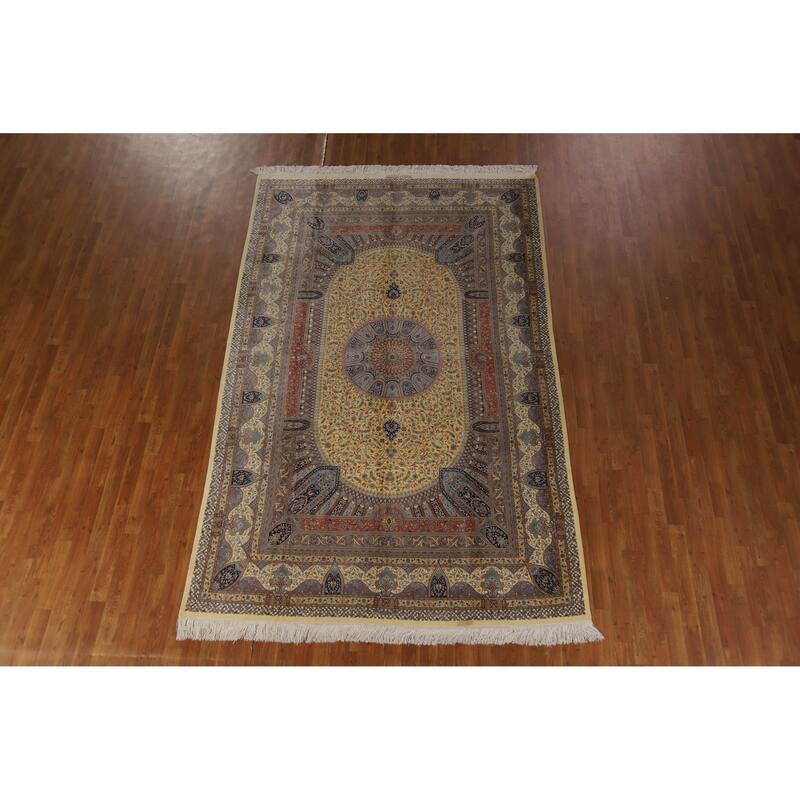 Hand Knotted Oriental 100% Silk Carpet Traditional Floral Yellow & Gold Qum Area Rug - 10' 2'' X 6' 5''
