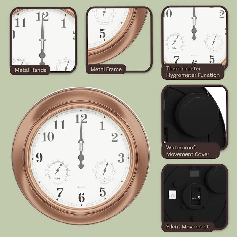 Indoor Outdoor Clock Thermometer Combo - 18-Inch Waterproof Outdoor Wall Clock with Temperature and Humidity by Nature Spring