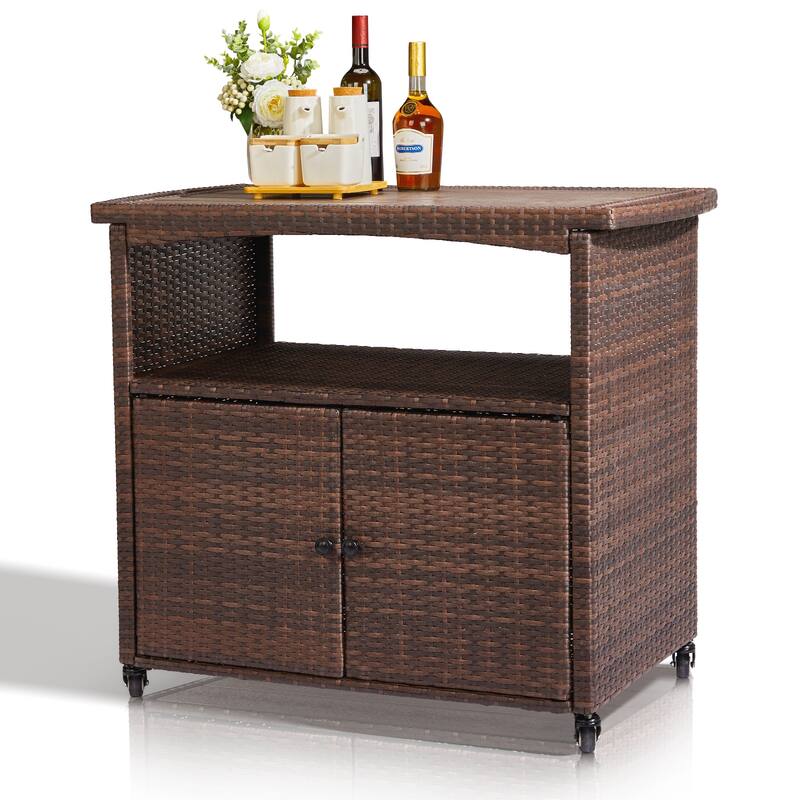 Outdoor Bar Cart with Storage Cabinet and Rolling Wheels - 39.4" x 21.7" x 34.6"