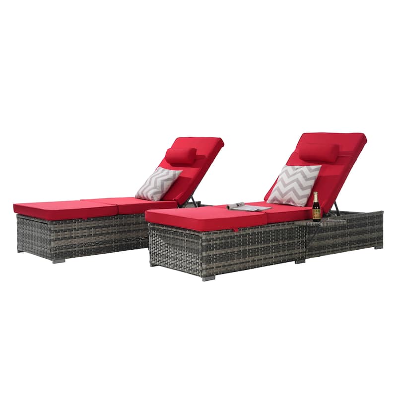 Outdoor Chaise Lounge Chair Set of 2 with Storage Patio Pool Chairs Tanning Lounges for Outside, Beach Rattan Recliners