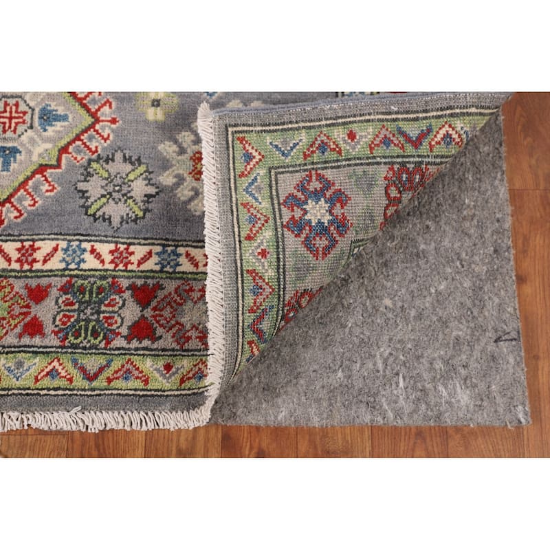 Geometric Kazak Rug Hand-Knotted Grey Oriental Wool Carpet - 4'0" x 6'0"