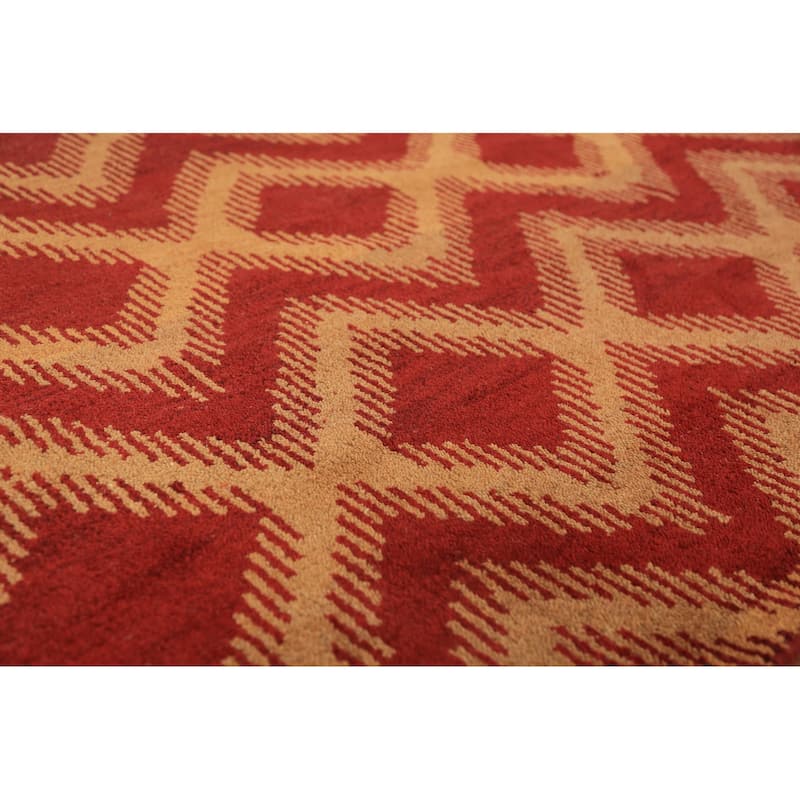 Hand Knotted Oriental 100% Wool Carpet Modern Geometric Red Moroccan Area Rug - 9' 7'' X 7' 11''