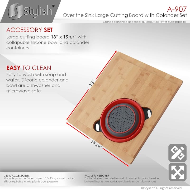 STYLISH Bamboo Over the Sink Cutting Board with Collapsible Bowl and Collander - 15.875" x 18"