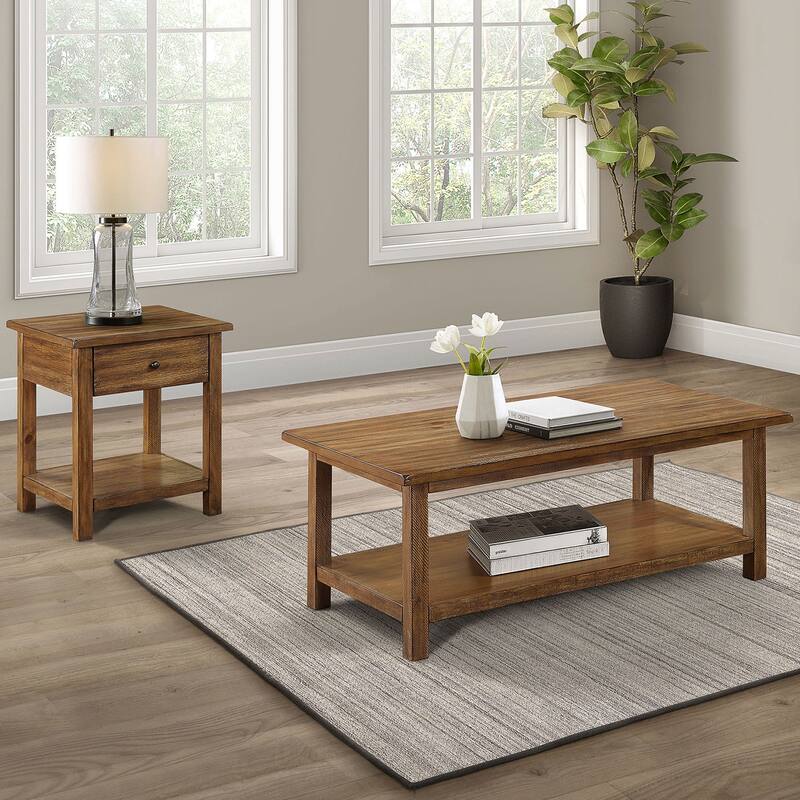 2 Piece Wooden Table Set with Storage in Distressed Brown - 2 Piece