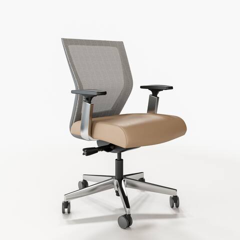 Via Seating Run II, Ergonomic Mid- Back Mesh Office Chair, Contract Grade, Polished Aluminum Frame, Genuine Leather Seat