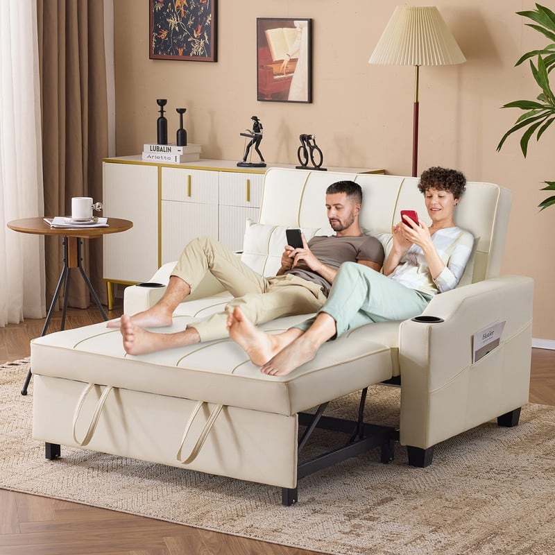 Upholstered Cat's Claw Leather Convertible Reclining Sleeper Sofa Bed With Cushions For Small Spaces