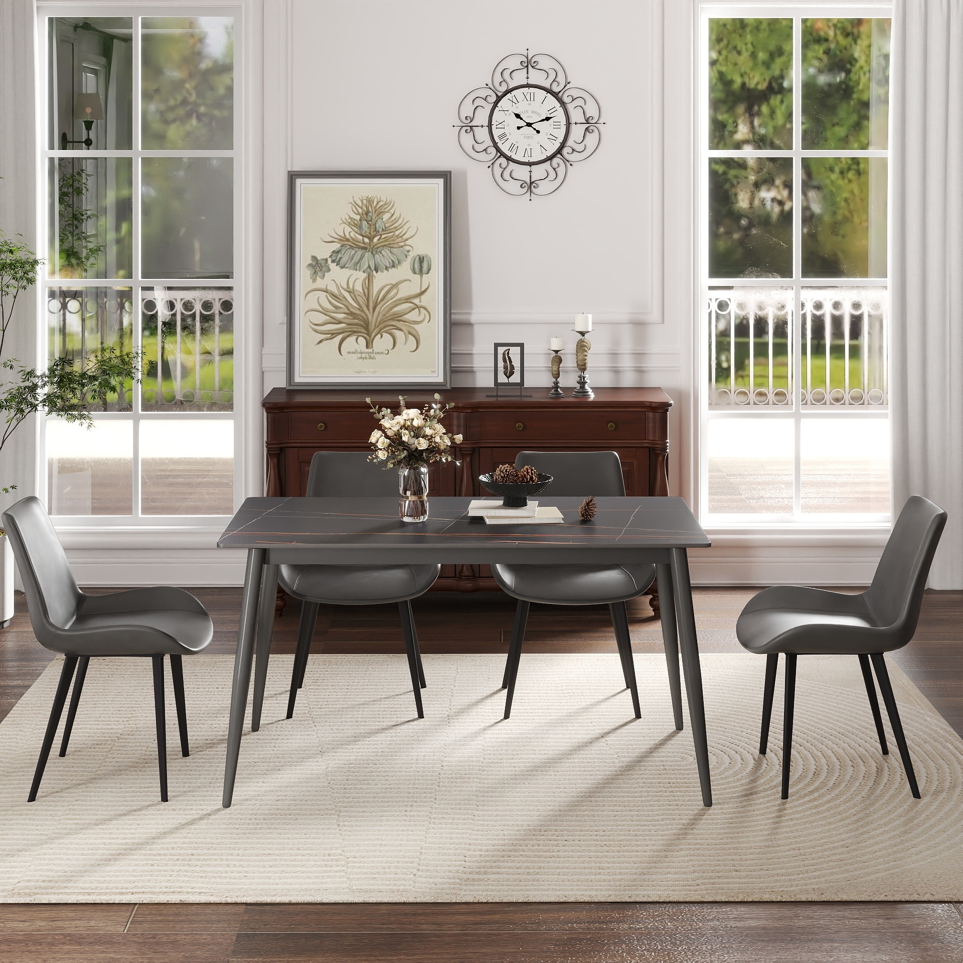 Large Rectangle Faux Marble Dining Table For Six With Mirrored Base