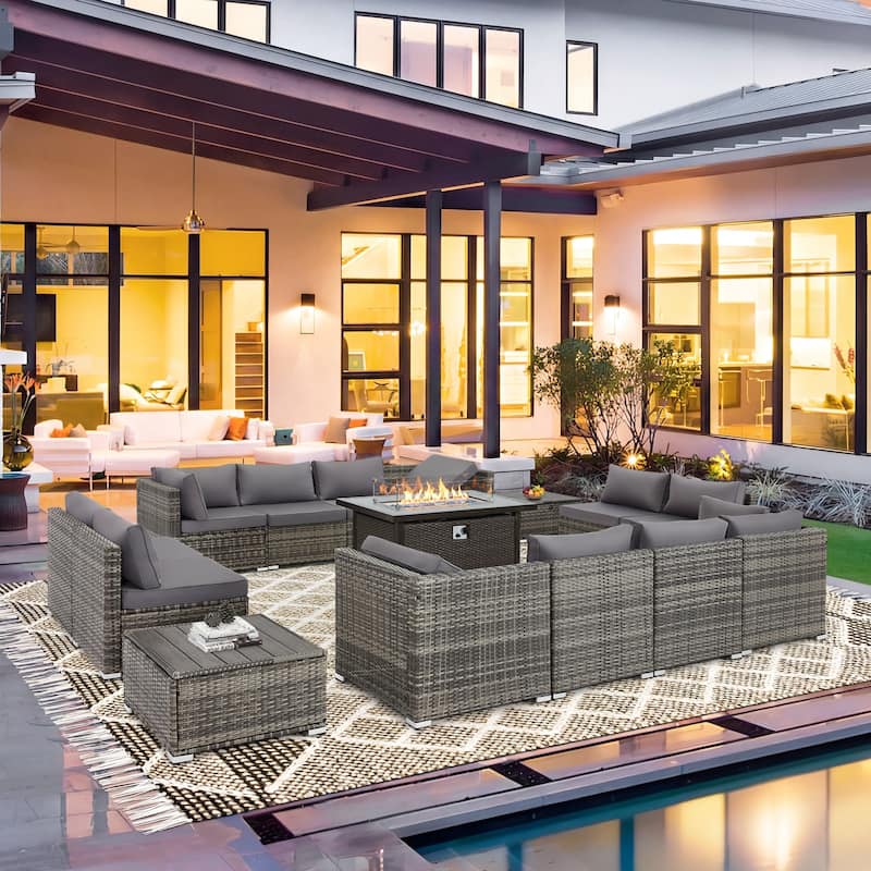 12-Person Patio Conversation Set with Fire Pit Table, All-Weather Wicker Outdoor Furniture