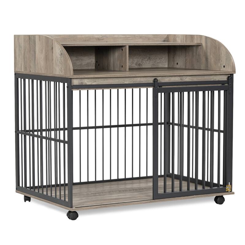 44''Heavy Duty Dog Crate Furniture with Lockable Wheels,Wooden Dog Crate Dog Kennel,End Table Crate with Double layer storage