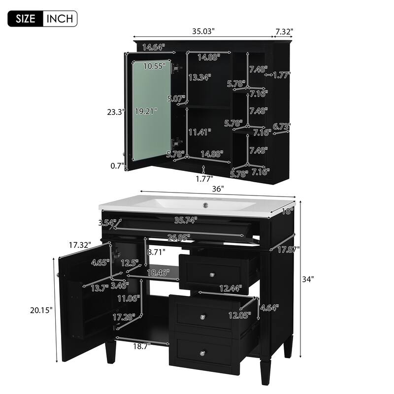 Freestanding Bathroom Vanity & Wall Mounted Mirror Cabinet Set with Resin Sink, Open Shelves, Drawers and Adjustable Shelves