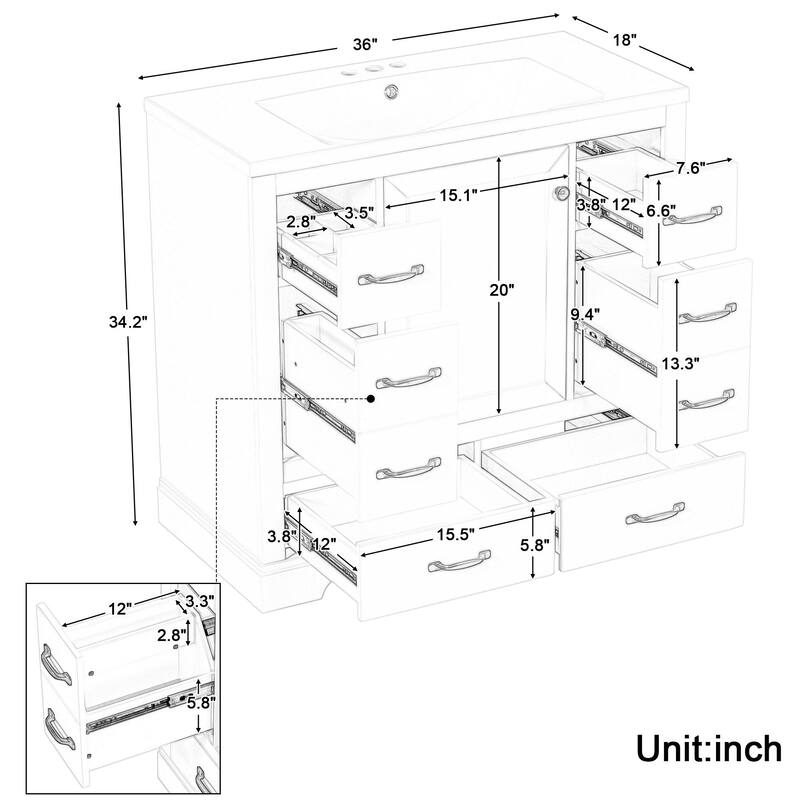 36" Bathroom Vanity with Sink Combo: Six Drawers, Multi-Functional Divider, Adjustable Shelf