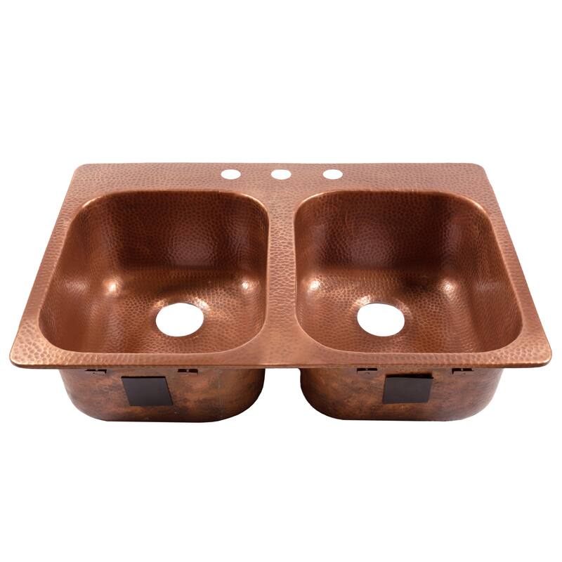 Santi Copper 33" Double Bowl Drop-In Kitchen Sink with 3 Holes
