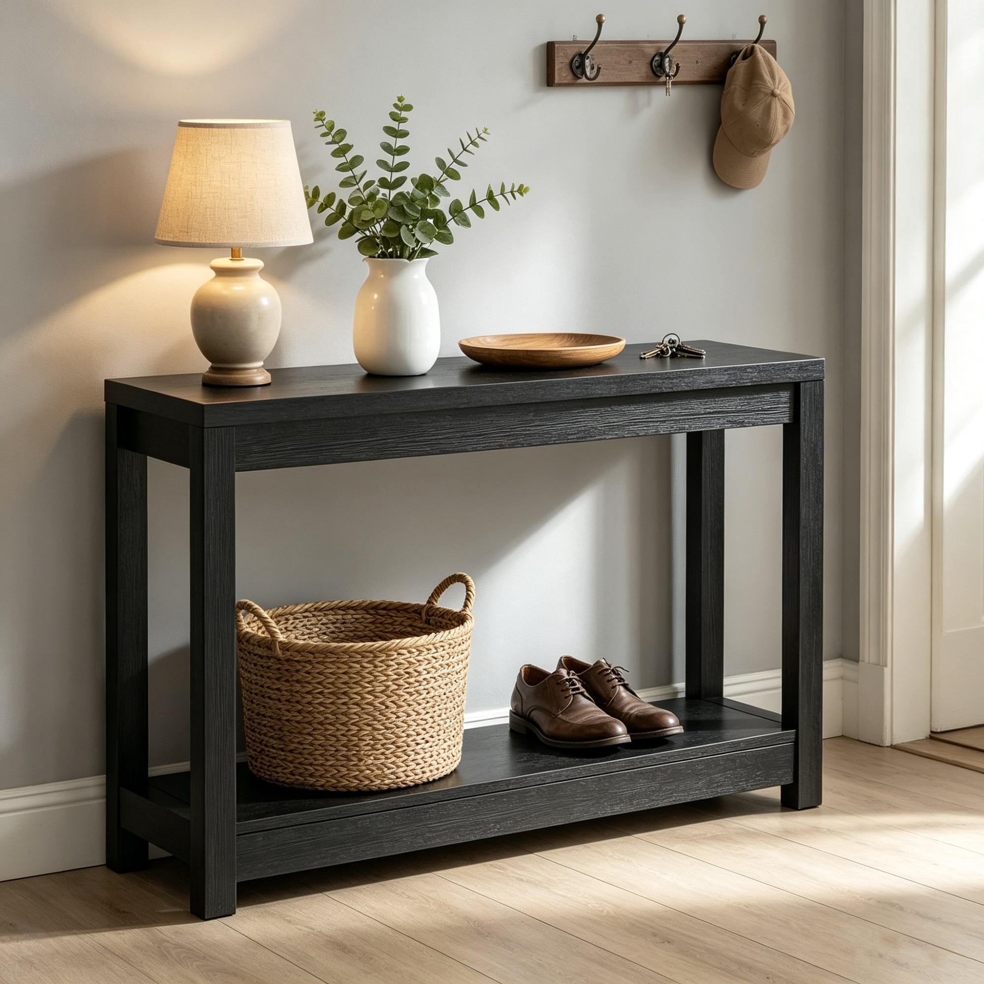 32''/ 47'' Farmhouse Black Thick Console Sofa Table, Wood Entryway Desk with Storage Shelf