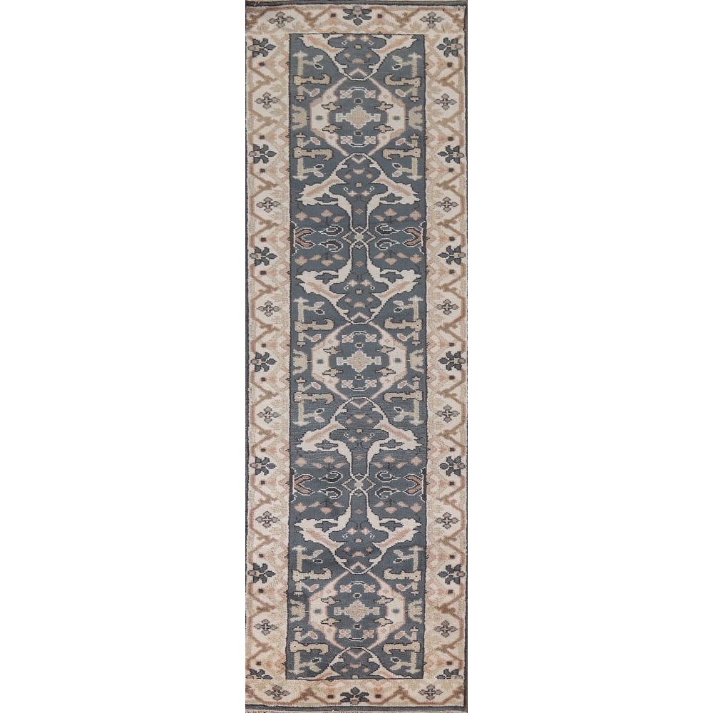 All-Over Blue Oushak Indian Runner Rug Hand-knotted Wool Carpet - 2'7"x 9'10"
