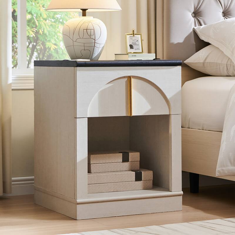 Modern Nightstand w/ Arched Panel, Bedside Table w/ Charging Station - White