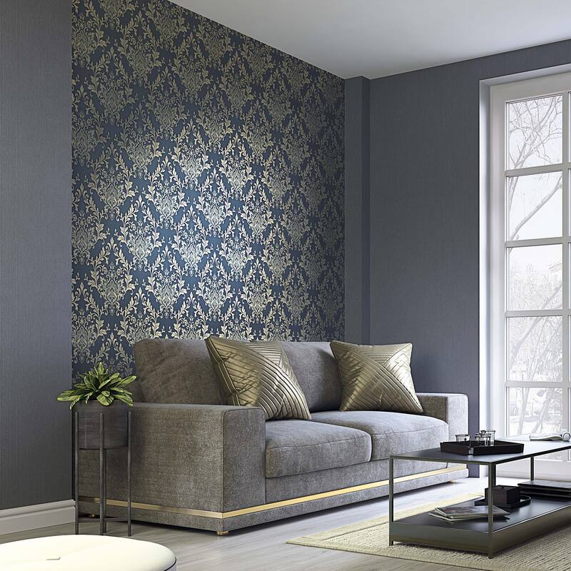Galerie Wallcoverings Serene Collection Metallic Ornamental Damask Vinyl on Non-woven Wallpaper Roll