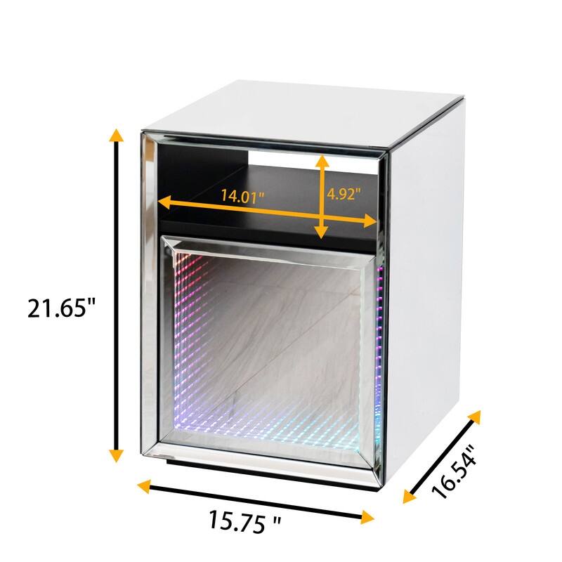 Mirrored Nightstand, LED Nightstand, Smart Bedside Table,Silver End Table