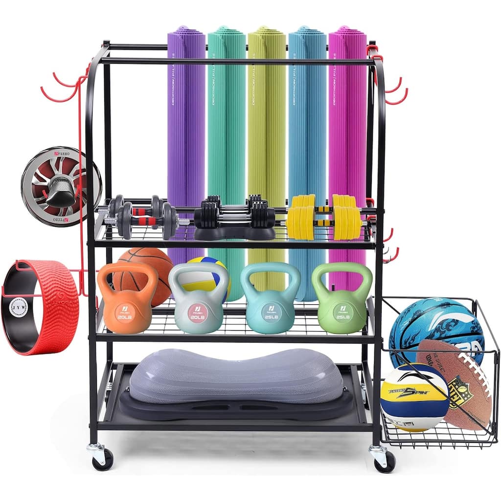 Outdoor Toy Storage, Garage Organization, Sports Equipment Organizer, Yoga Mat Storage with Hooks and Basket