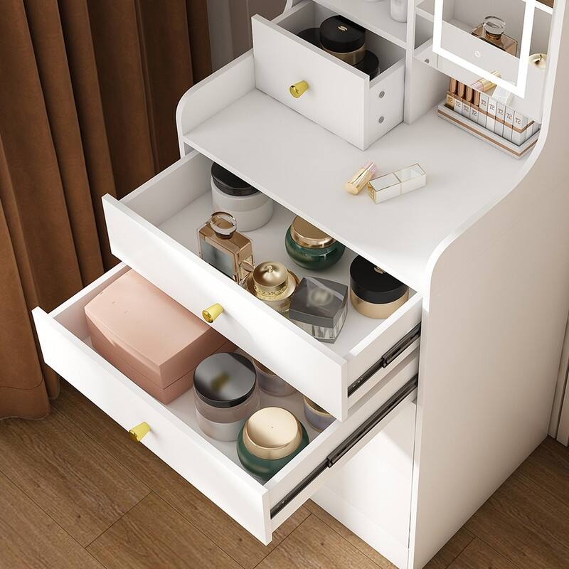 3-in-1 Dressing Table with LED Mirror & Storage Stool - Compact Makeup Vanity with 4 Drawers, Storage Cabinet & Hidden Stool