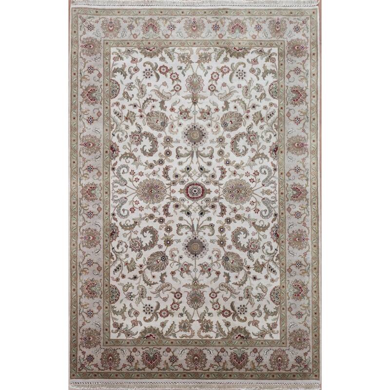 Hand Knotted Oriental 100% Wool Carpet Traditional All-Over Beige & Ivories Agra Area Rug - 9' 3'' X 6' 0''