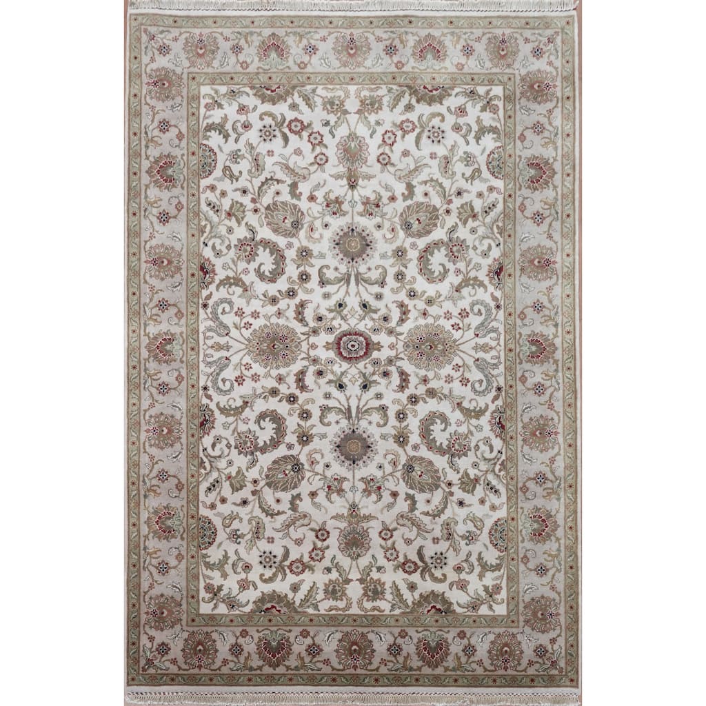 Hand Knotted Oriental 100% Wool Carpet Traditional All-Over Beige & Ivories Agra Area Rug - 9' 3'' X 6' 0''
