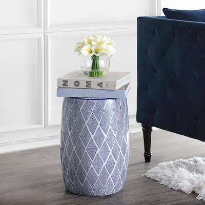 Moroccan Diamonds 18" Ceramic Drum Garden Stool, Blue by JONATHAN Y