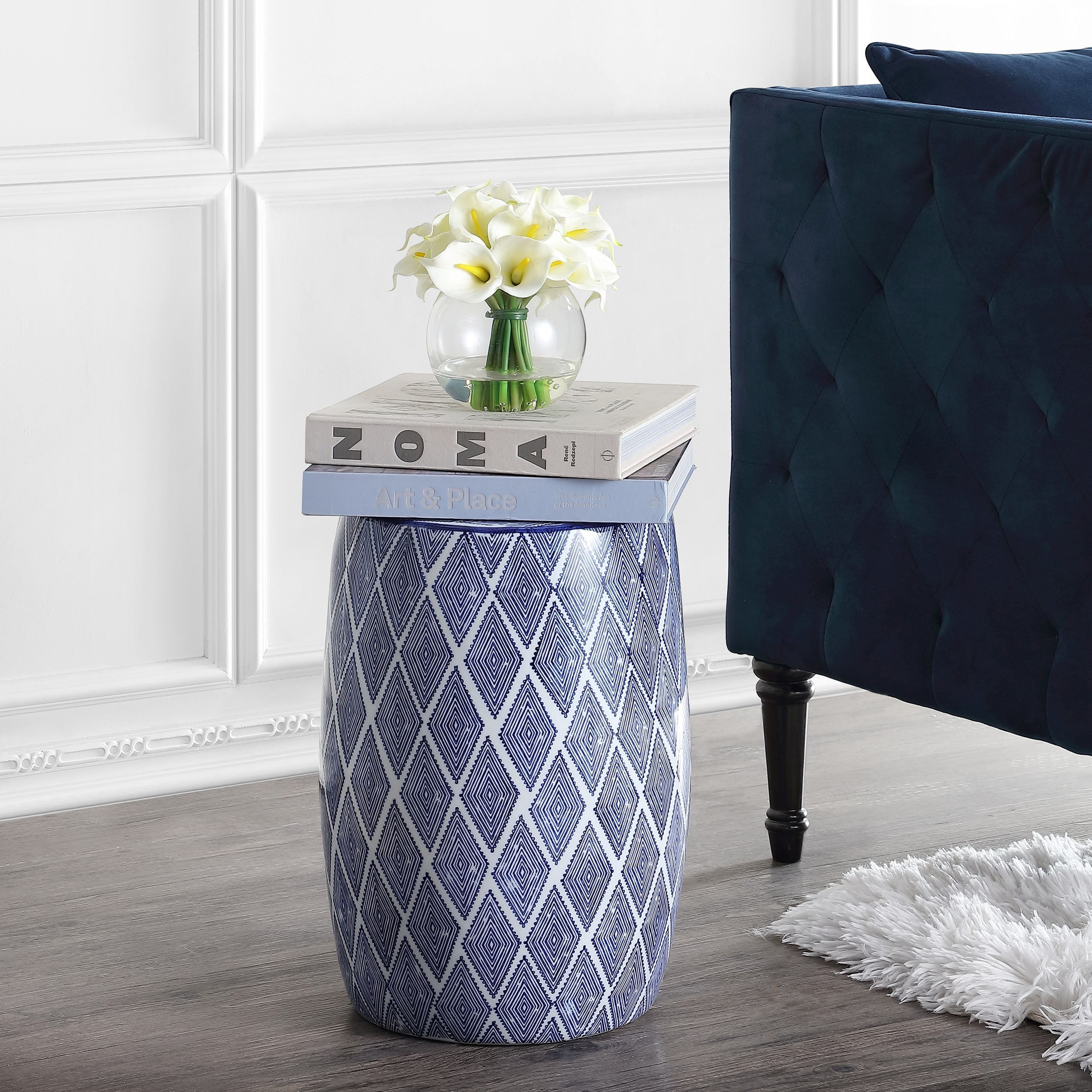 Moroccan Diamonds Bohemian Diamond Geometric Ceramic Indoor/Outdoor Garden Stool Decorative Patio Drum Accent Side Table