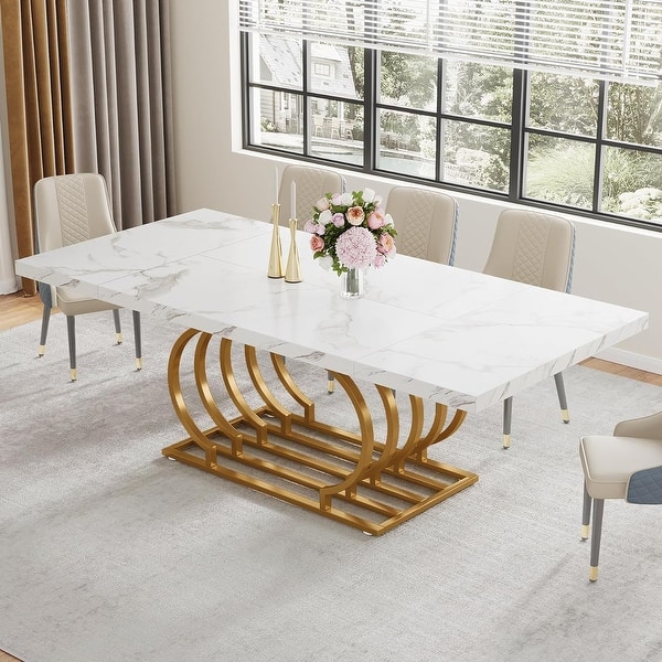 White Gold Dining Table, Faux Marble Wood Kitchen Table for 6-8 People ...