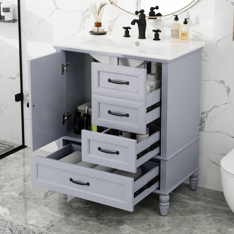 Modern Bathroom Vanity with Semilune Ceramic Sink, Storage Cabinet, and Adjustable Foot Pads - 30in L