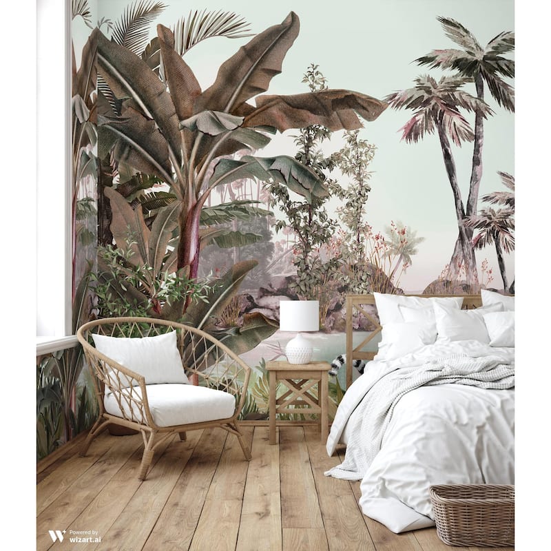 Tropical Lemur Paradise Wallpaper Mural - Purple - W:204" x H:110"