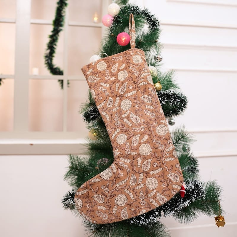 Fabdivine 16x6.5 Inches Hand Floral Block Print Christmas Stockings Tassle and Loop Perfect for Gift - 16"X6.5"