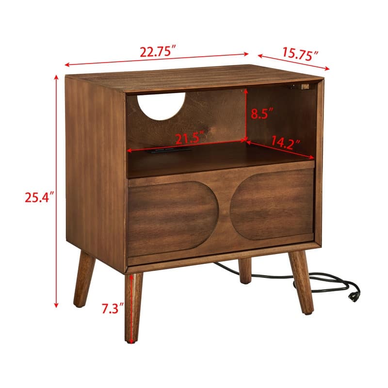 Walnut Mid-Century Modern Nightstand with USB Charging, Drawer & Open Shelf