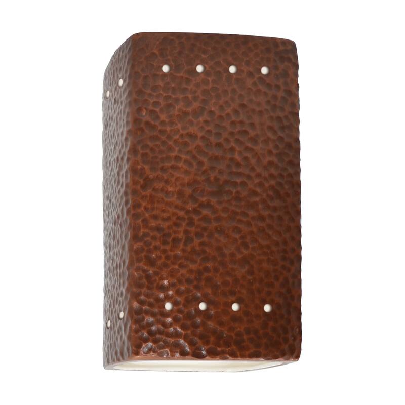 Justice Design Ambiance - Small Rectangle w/ Perfs Wall Sconce - Open Top & Bottom - Replaceable Bulb - Hammered Copper