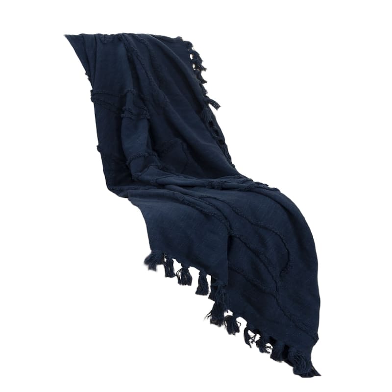 HomeRoots 50" X 50" Blue Floral Cotton Woven Throw Blanket with Fringe