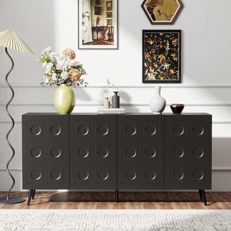 Storage Cabinet Buffet Sideboard with 4 Fluted Doors, Wood Accent Entryway Table with Adjustable Shelves - Black