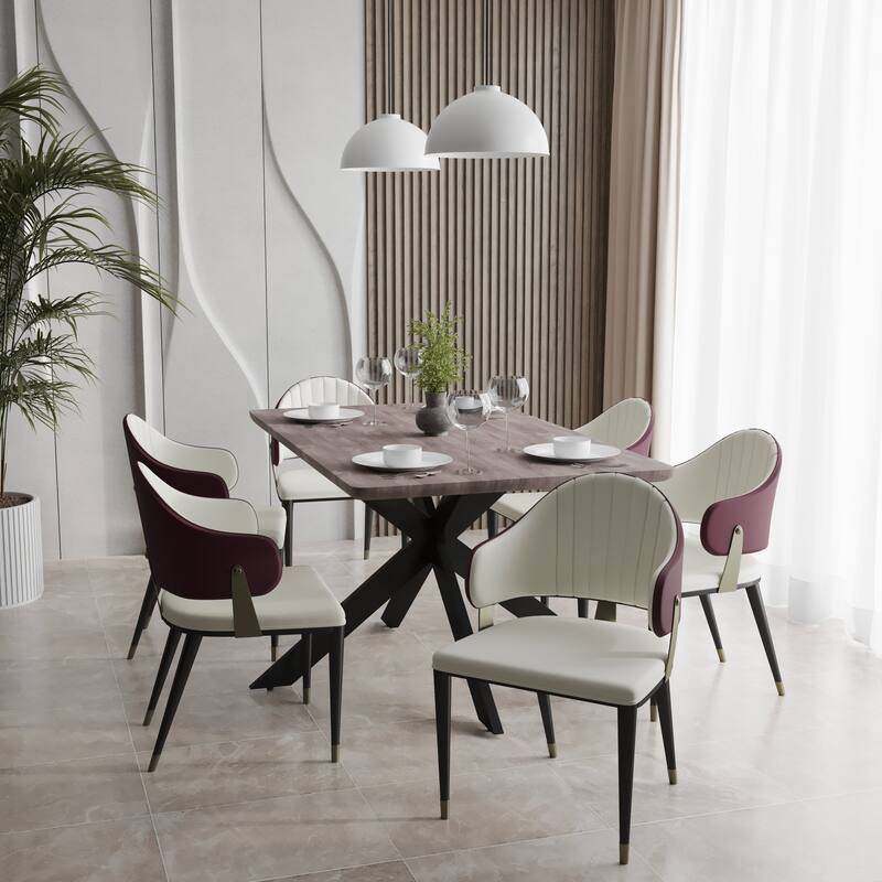 7-Piece Dining Set with 63-Inch Rectangular MDF Dining Table and 6 Leather Arm Chairs